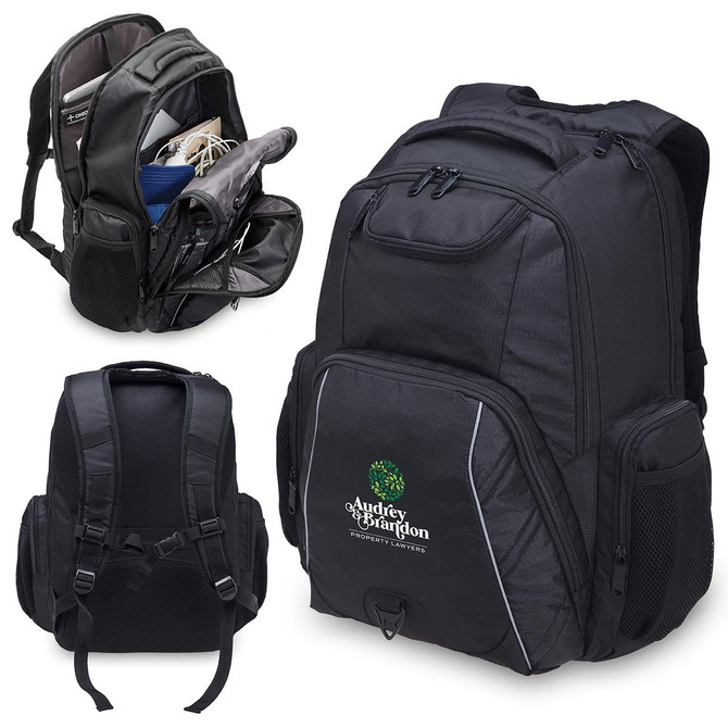 A black laptop backpack featuring multiple compartments and pockets, including side mesh pockets and a logo.