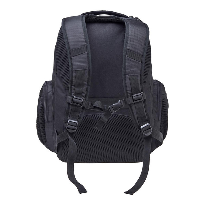 A black laptop backpack with padded shoulder straps and mesh detailing, featuring multiple compartments and a logo.