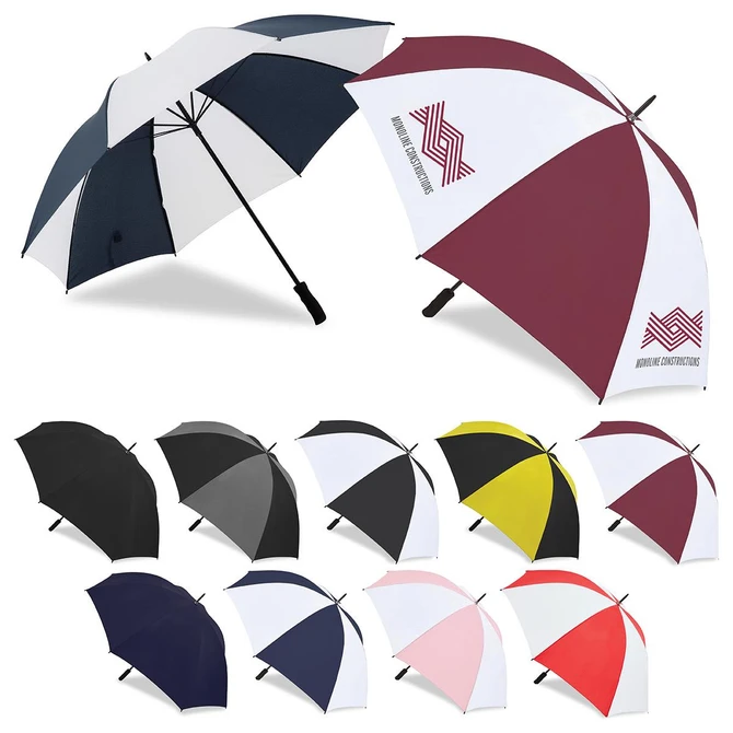 Two large umbrellas in navy and white, and maroon and white, alongside a variety of black, grey, yellow, and red umbrellas.