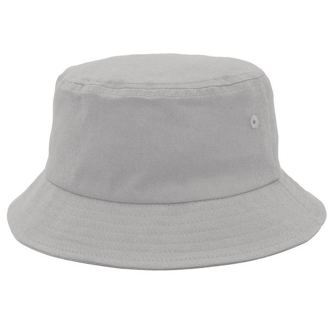 A light grey bucket hat with a wide brim and a small logo on the side.