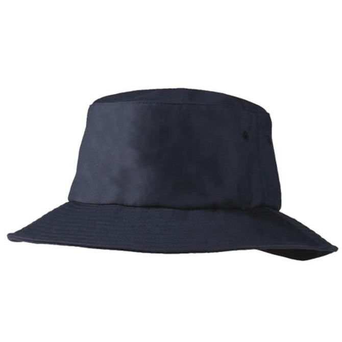 A navy blue bucket hat with a wide brim and a small logo. Ideal for sun protection and casual wear.