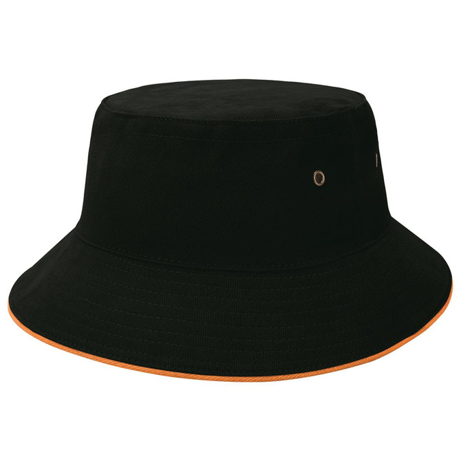 A black bucket hat with an orange trim, featuring eyelets and a logo.