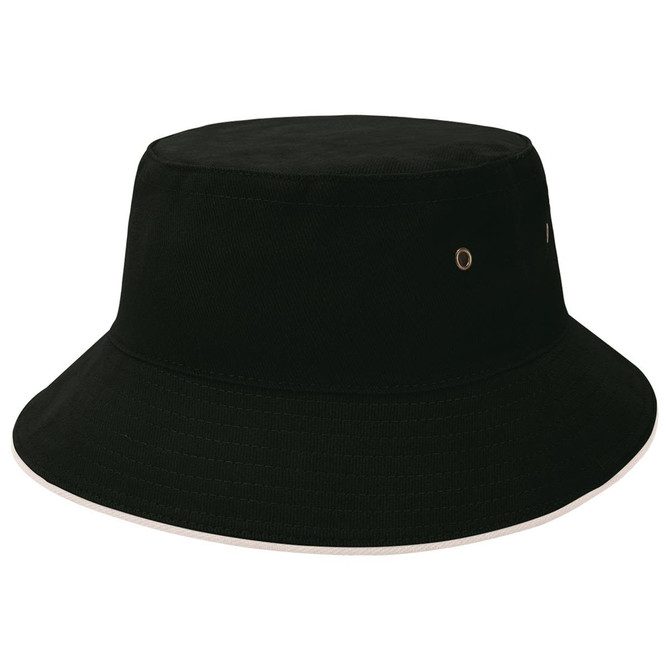 A black bucket hat with a wide brim and eyelet details, featuring a contrasting inner band.