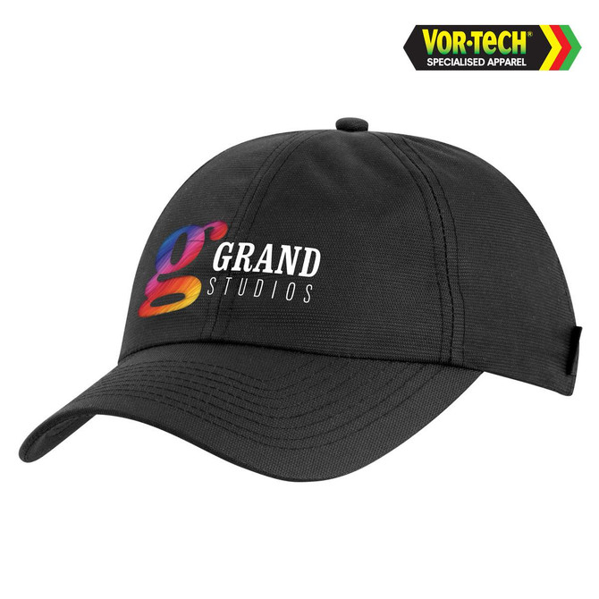 A black cap featuring a colourful logo on the front and a branded tag on the side.