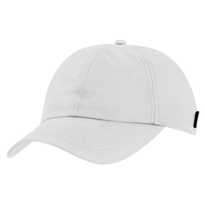 A white baseball cap with a curved brim and an adjustable strap, featuring a logo on the side.