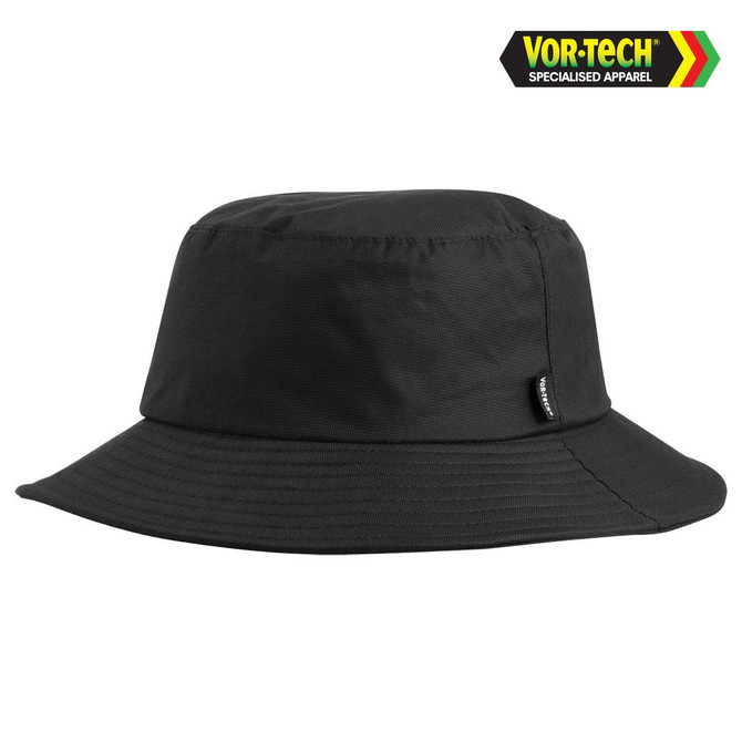 A black Vortech bucket hat with a wide brim and a small logo tag on the side.