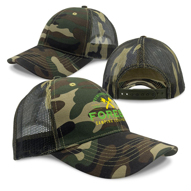 A camo trucker cap featuring a green logo, with a mesh back and a camouflaged pattern in shades of green and brown.