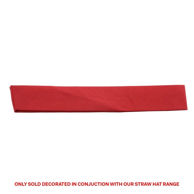 A red cotton hatband displayed flat, featuring a logo, designed for use with straw hats.
