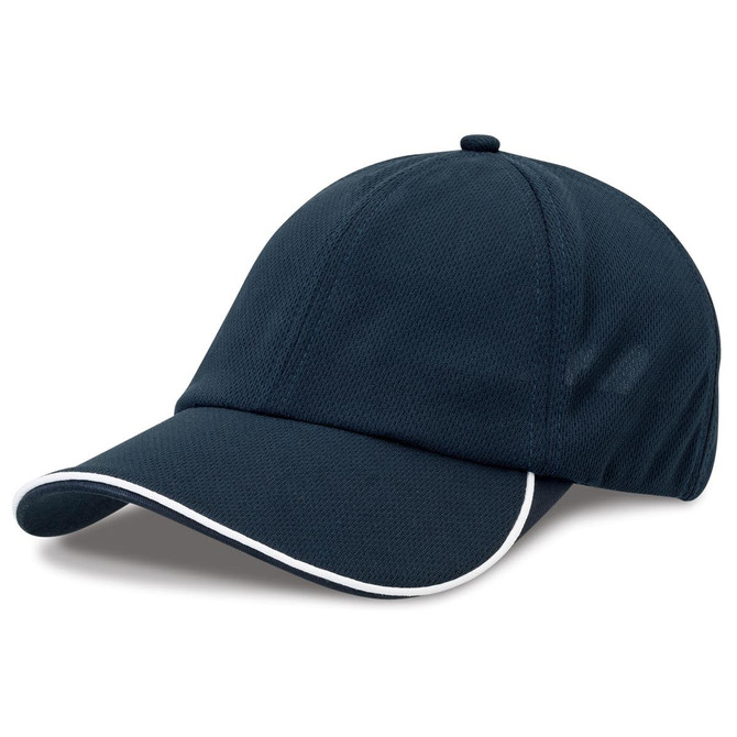A navy blue cap with a white trim and a curved peak, featuring a logo on the side.