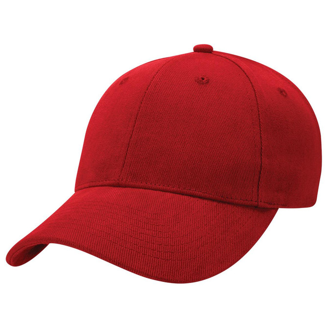 A red heavy brushed cotton cap with a curved brim and ventilation holes, featuring a logo.