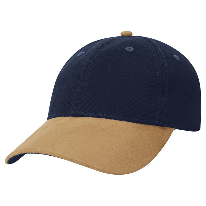 A navy and tan sueded peak cap with a curved brim and a logo.
