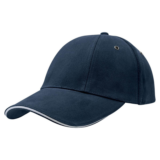 A navy blue cap featuring a curved brim and contrasting trim, with a logo on the side.