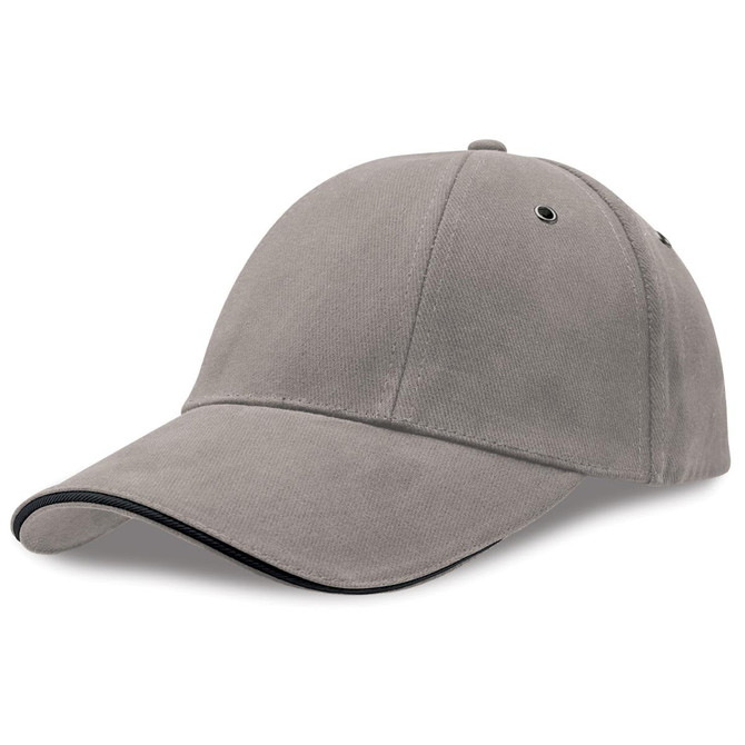 A grey cap with a curved brim and contrasting trim, featuring a logo on the side.
