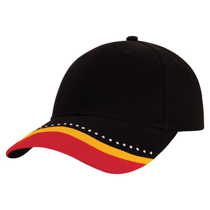 A black cap with a red and yellow peak featuring decorative stitching and a logo on the side.
