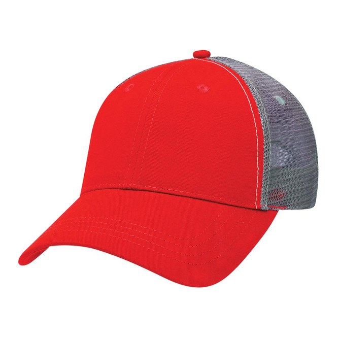A red trucker cap with a grey mesh back, featuring a rounded crown and curved peak. There is a logo on the front.