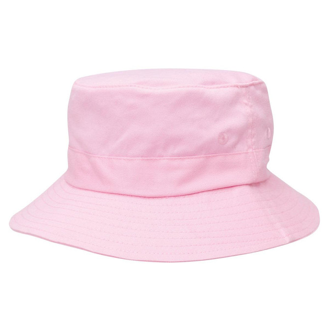 A pink kids' twill bucket hat with a wide brim and toggle adjustment, featuring a logo detail.