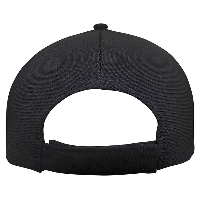A black Ottoman cap featuring a flat brim and an adjustable strap at the back, with a logo present.