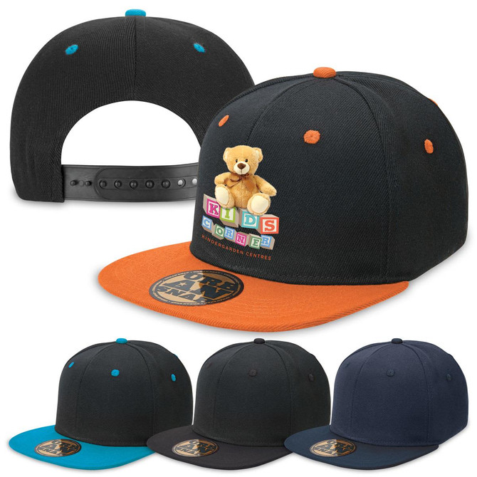 A black and orange snapback cap featuring a bear design, with additional caps in black and navy displayed below.