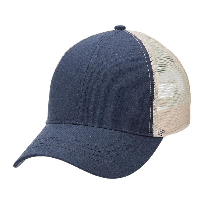 A navy blue trucker cap with a mesh back and a curved brim. It features a logo on the front.