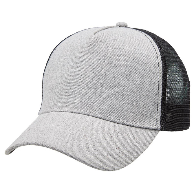 A grey heathered mesh trucker cap with a black mesh back and a curved brim. Features a logo on the front.