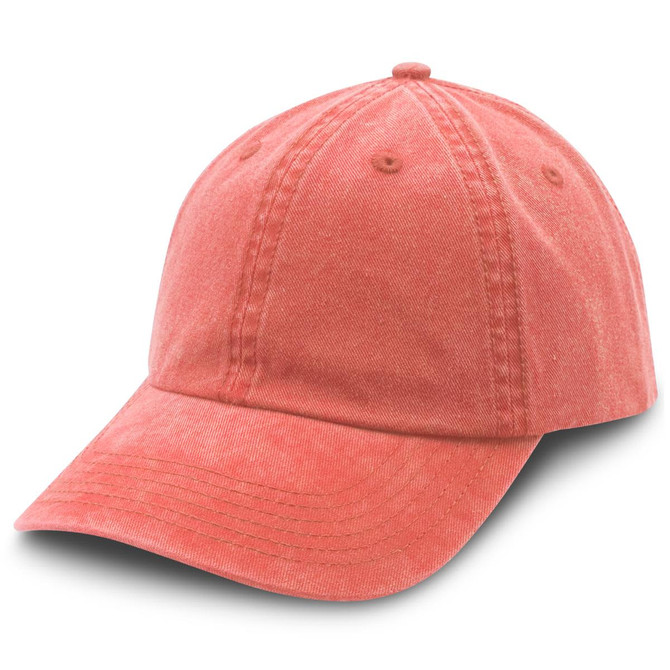 A washed chino cap in a soft coral colour with a curved brim and an adjustable back. It features a logo.
