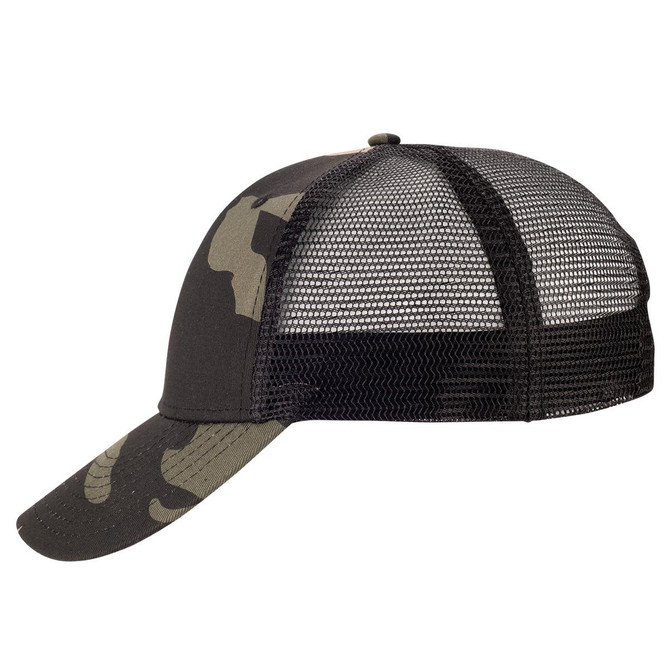 A black camo trucker cap featuring a mesh back and a curved brim. It has a structured design and a logo on the front.