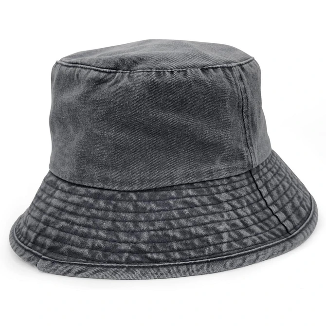A grey washed chino bucket hat featuring a soft, structured design and a textured brim.