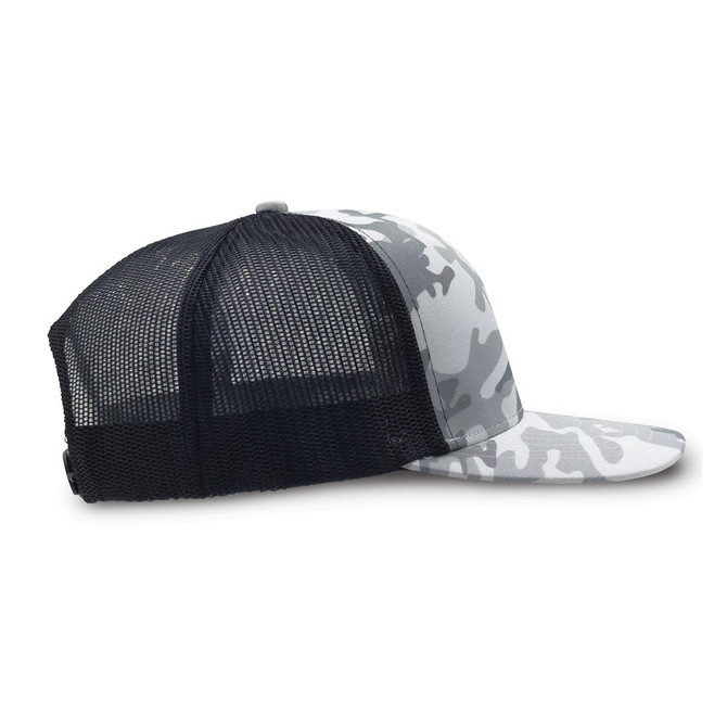 A grey and white camo trucker cap with a black mesh back and a curved brim. The cap features a logo on the front.