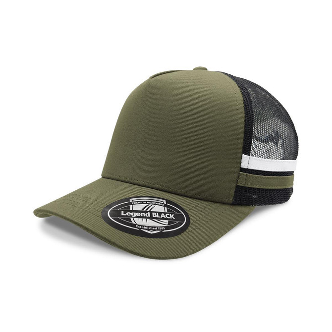 A green and black striped trucker cap with mesh panels and a logo.