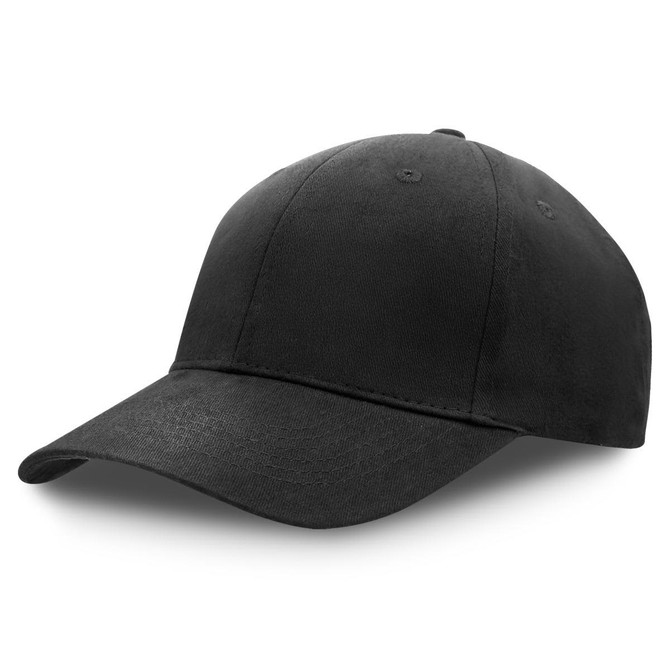 A black premium soft cotton cap with a curved peak and a logo on the front.