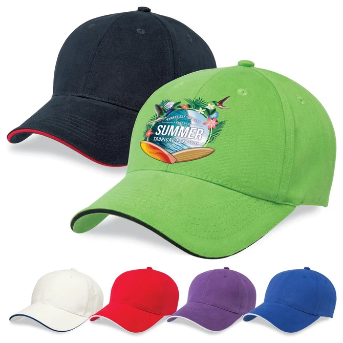 A collection of six caps in various colours, featuring a cap with a green front and one with a black front, both with a logo.