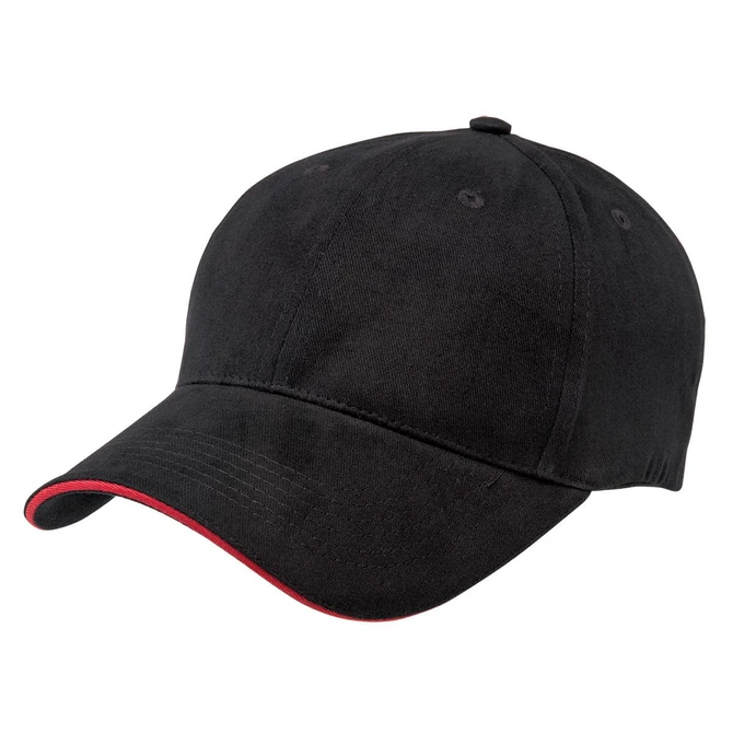A black cap with a red accent along the brim and a logo detailing on the front.