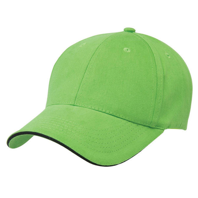 A green cap with a soft sandwich peak and a contrasting trim, featuring a logo on the front.