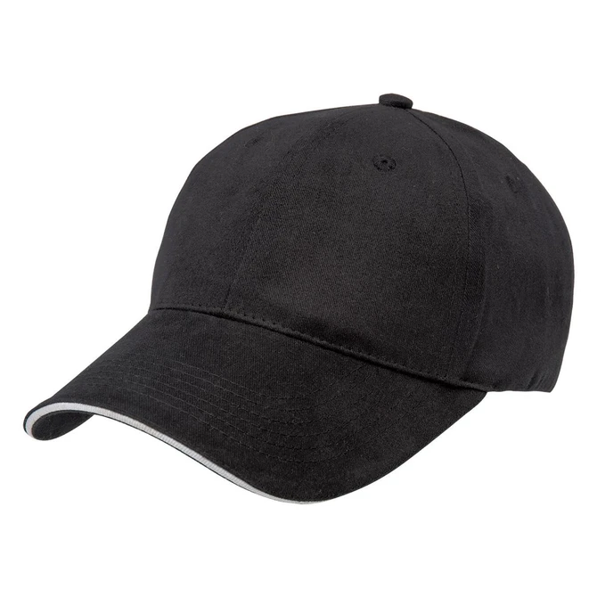 A black cap featuring a sandwich peak design, with a contrasting trim and a logo on the front.