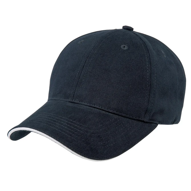 A black premium soft sandwich peak cap with a contrasting white trim and a branded logo.