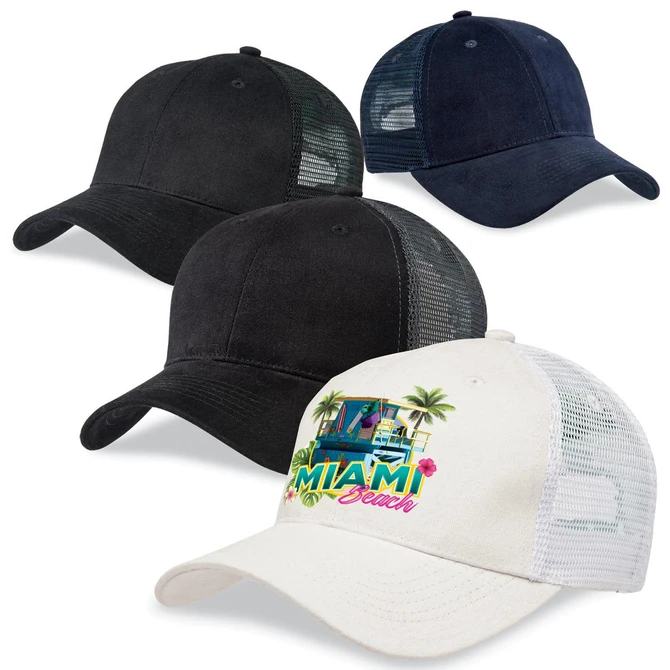 Premium soft mesh caps in black, navy, and white with a graphic design and logo on the front of the white cap.