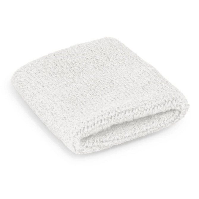 A white wrist sweat band made of textured fabric, folded neatly with a soft finish. It features a small logo.