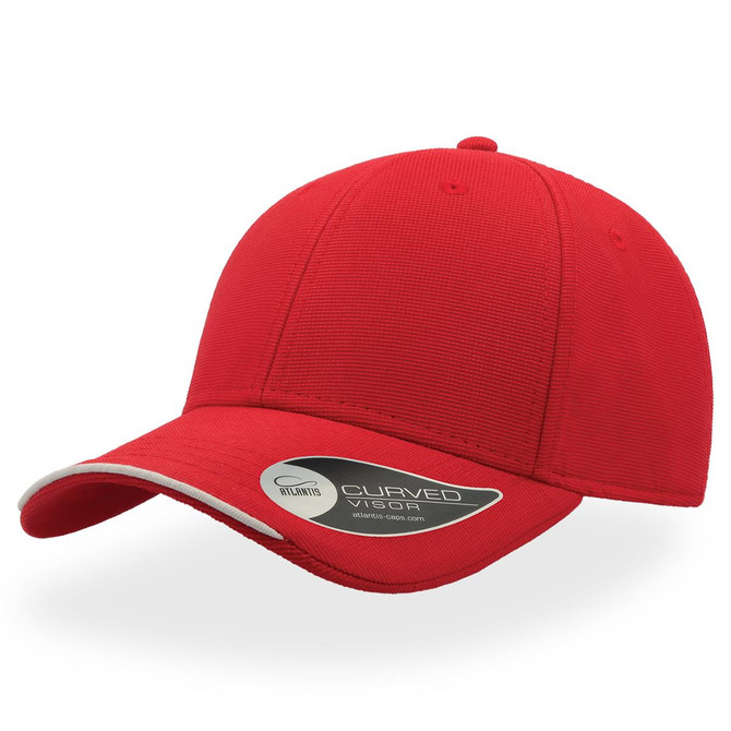 A red cap with a curved visor, featuring a logo on the side. The design is simple and classic.