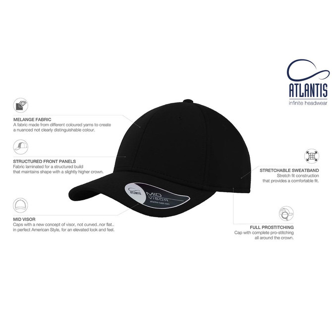 A black cap made from melange fabric with structured front panels and a mid visor, featuring stretchable material and a logo.
