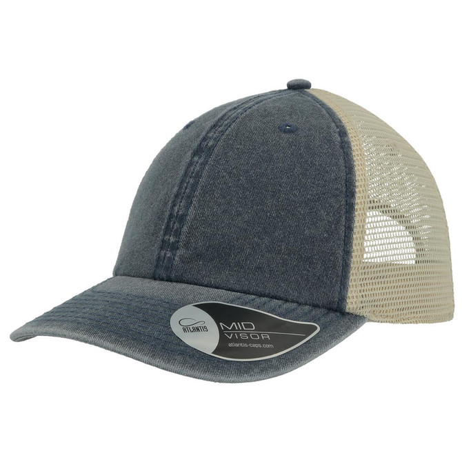 A trucker cap featuring a dark blue front with a beige mesh back and a mid visor, complete with a logo.