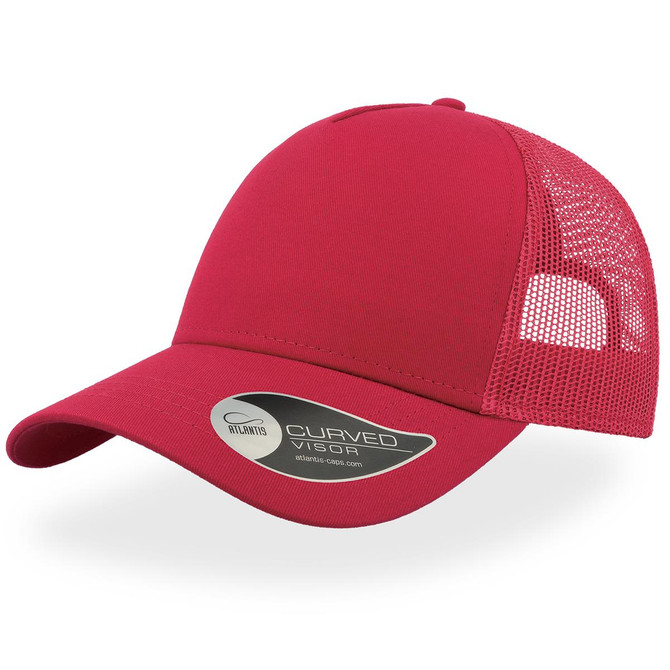 A red trucker cap featuring a solid front and mesh back, designed with a curved visor.