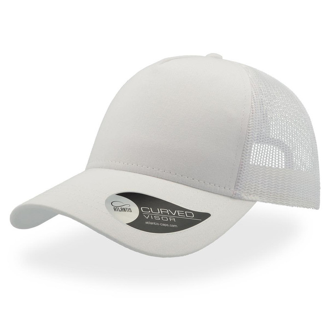 A white trucker cap with a curved visor and mesh back, featuring a logo on the side.
