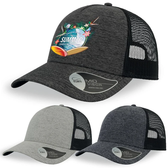A black and grey cap with a mesh back, featuring a floral graphic and logo on the front and available in three colours.