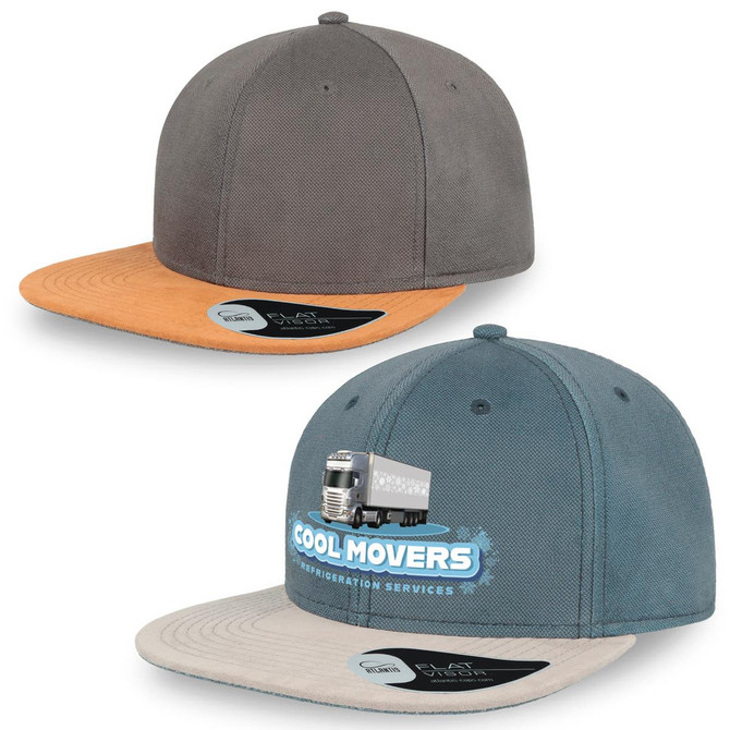 A grey cap with an orange visor and a teal cap with a beige visor, both featuring a logo on the front.