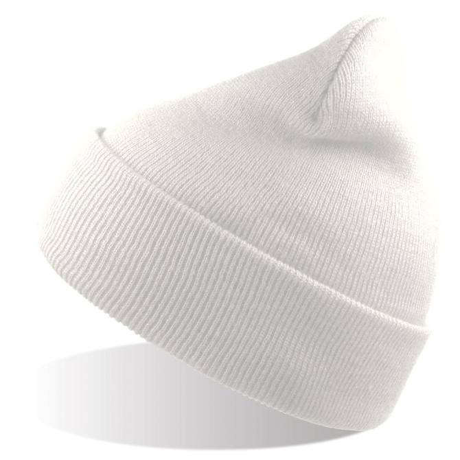 A white beanie made from recycled polyester, featuring a ribbed design and a branded logo.