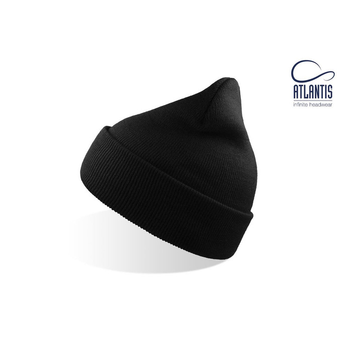 A black beanie with a ribbed design and a pointed top, featuring a logo on the side.