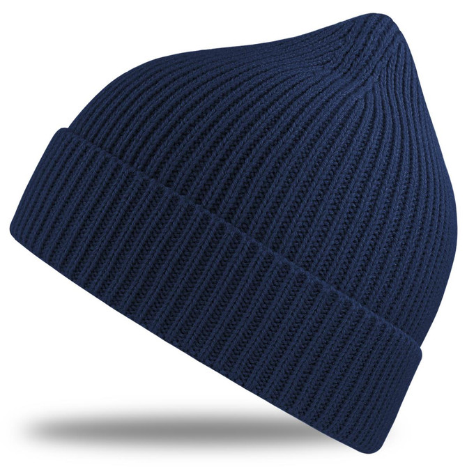 A navy ribbed beanie with a folded cuff and a logo on the side.