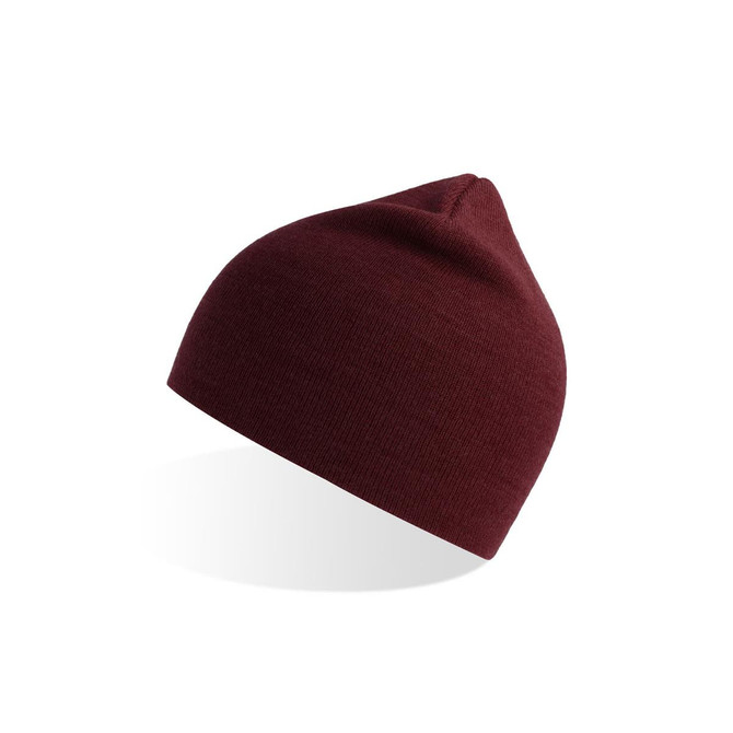 A maroon beanie with a tapered top and a subtle texture, featuring a small branding logo.