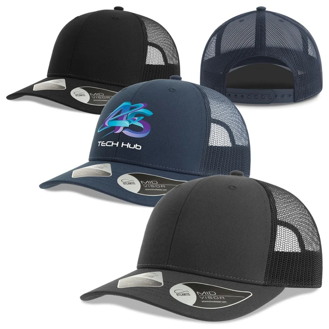 A collection of "Bryce Recycled Trucker" caps in navy and black with mesh panels and a logo on the front.