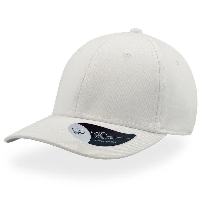 A white cap with a mid visor and a logo on the side, showcasing a smooth, simple design.